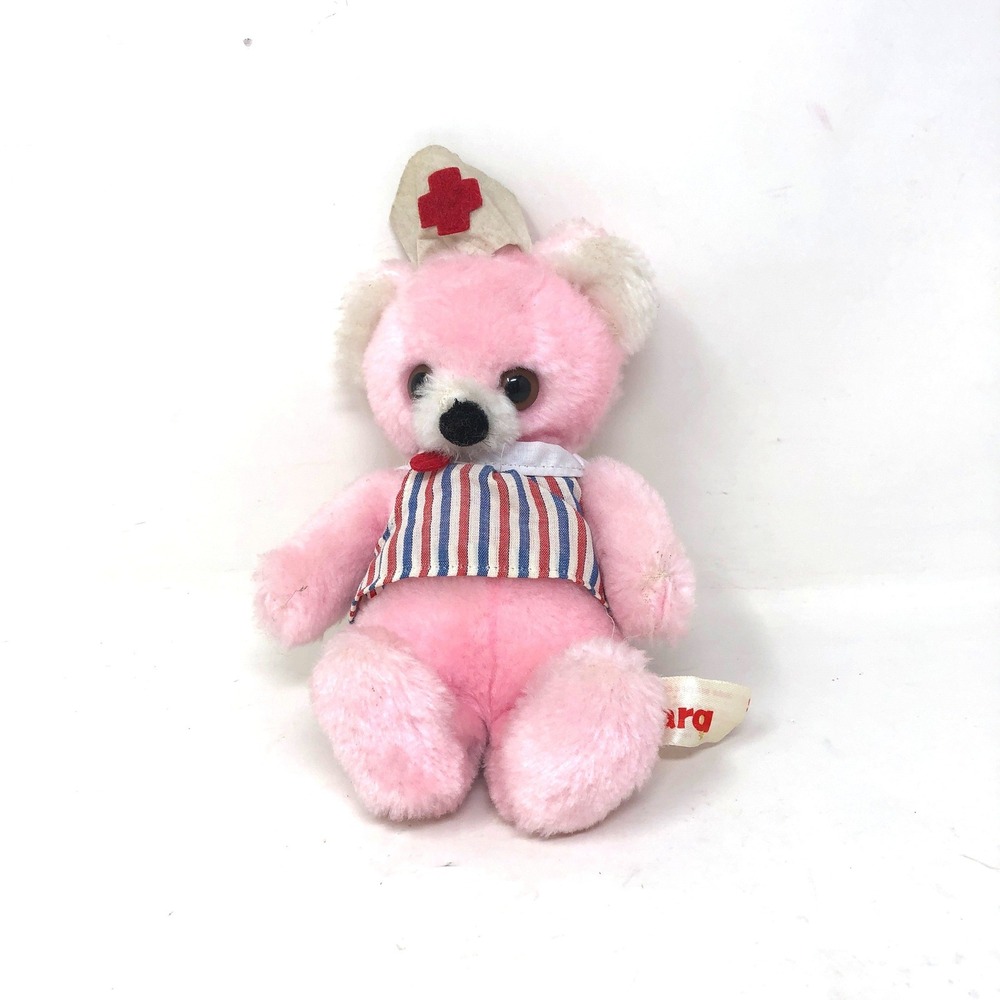 Vintage Russ Clara Nurse Teddy Bear Plush Pink Striped Outfit Red Cross 1977